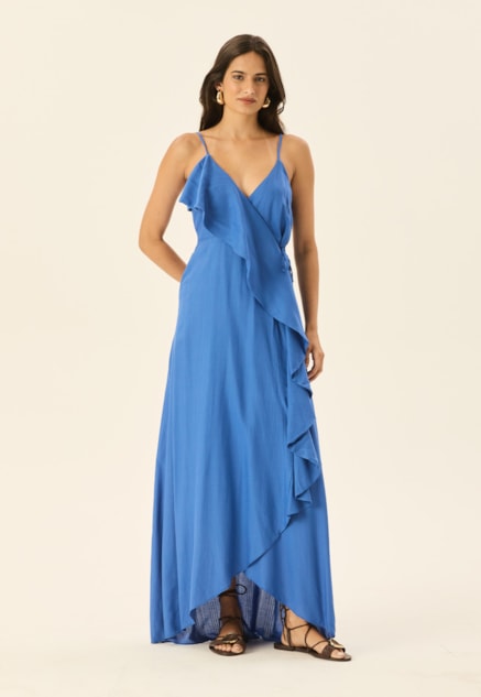 Vestido Longo Cachecouer Babados Liso Vista Frontal