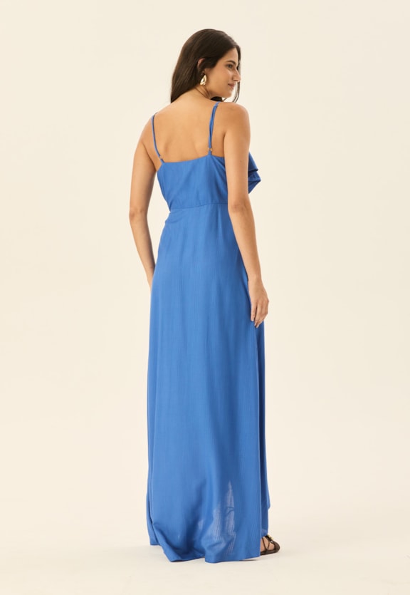 Vestido Longo Cachecouer Babados Liso Vista Traseira