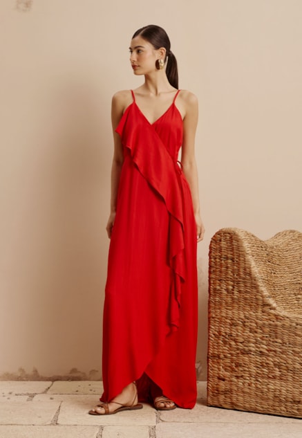 Vestido Longo Cachecouer Babados Liso Vista Frontal