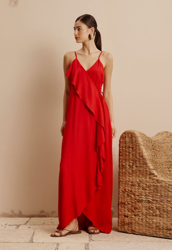 Vestido Longo Cachecouer Babados Liso Vista Frontal