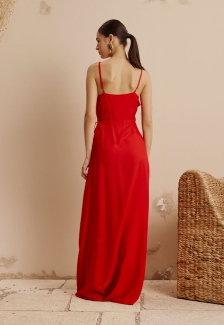 Vestido Longo Cachecouer Babados Liso Vista Traseira