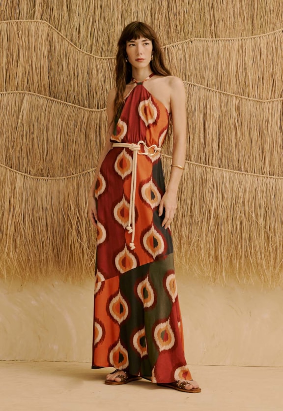 Vestido Longo Cinto Corda Orgânico Estampado Taquile Vista Frontal