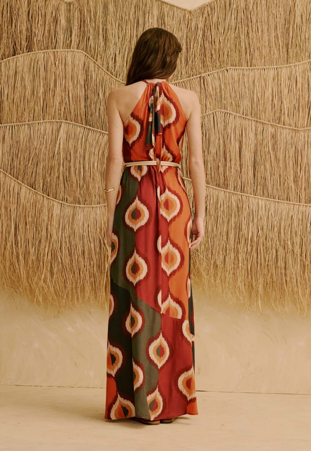 Vestido Longo Cinto Corda Orgânico Estampado Taquile