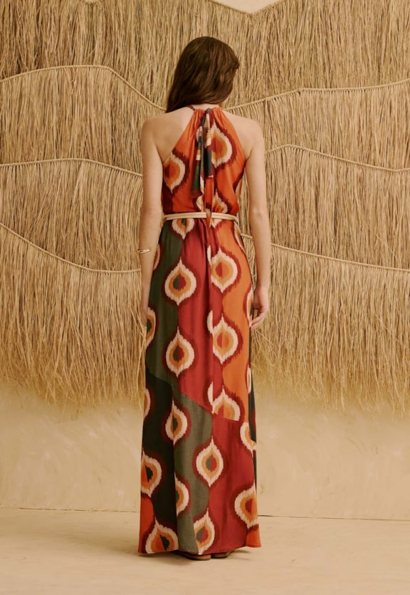 Vestido Longo Cinto Corda Orgânico Estampado Taquile Vista Traseira