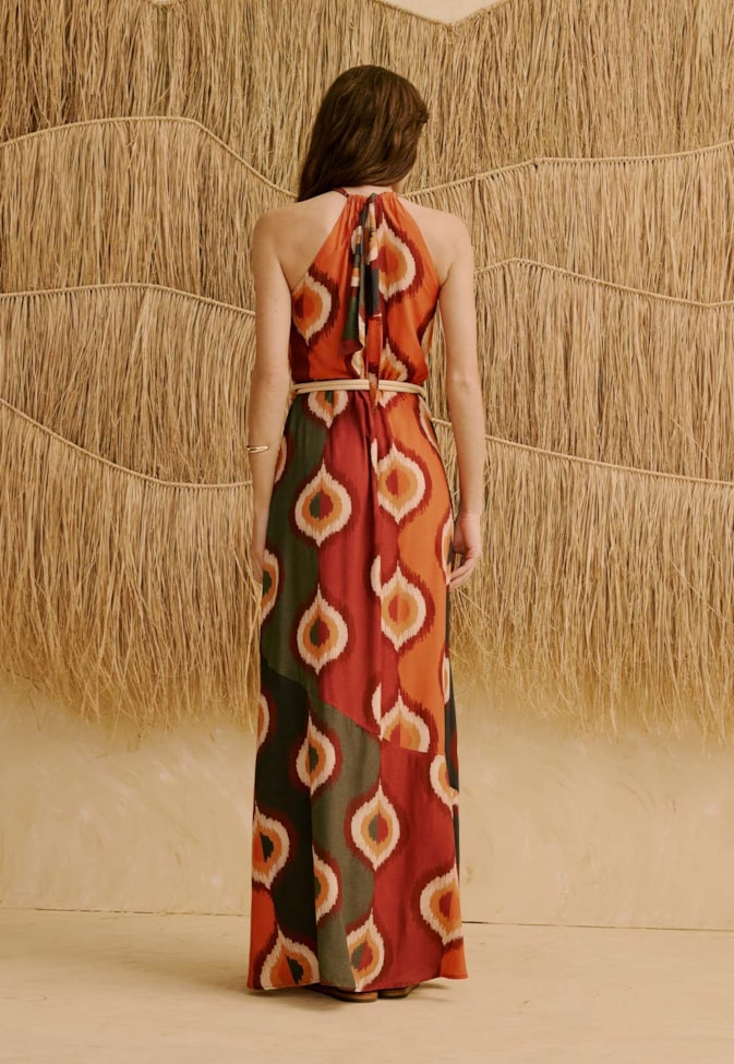 Vestido Longo Cinto Corda Orgânico Estampado Taquile