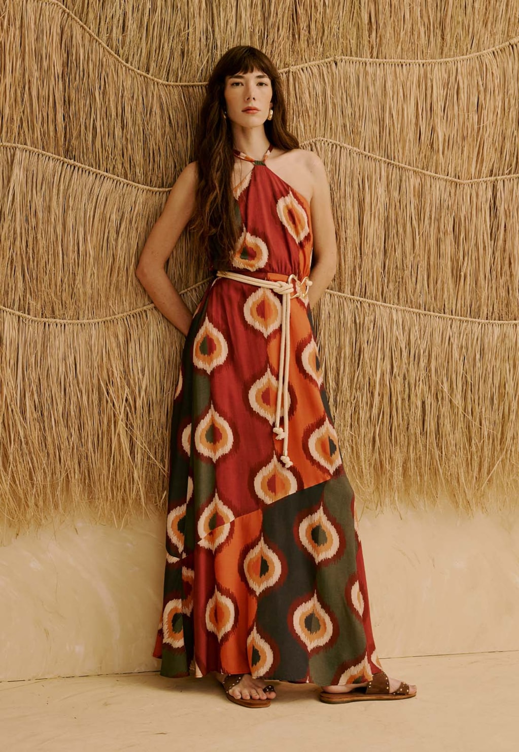 Vestido Longo Cinto Corda Orgânico Estampado Taquile