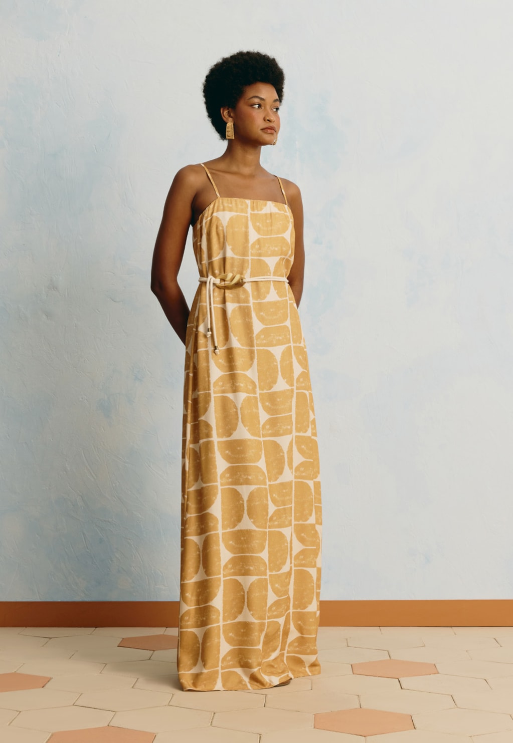 Vestido Longo Cinto Estampado Del Oro