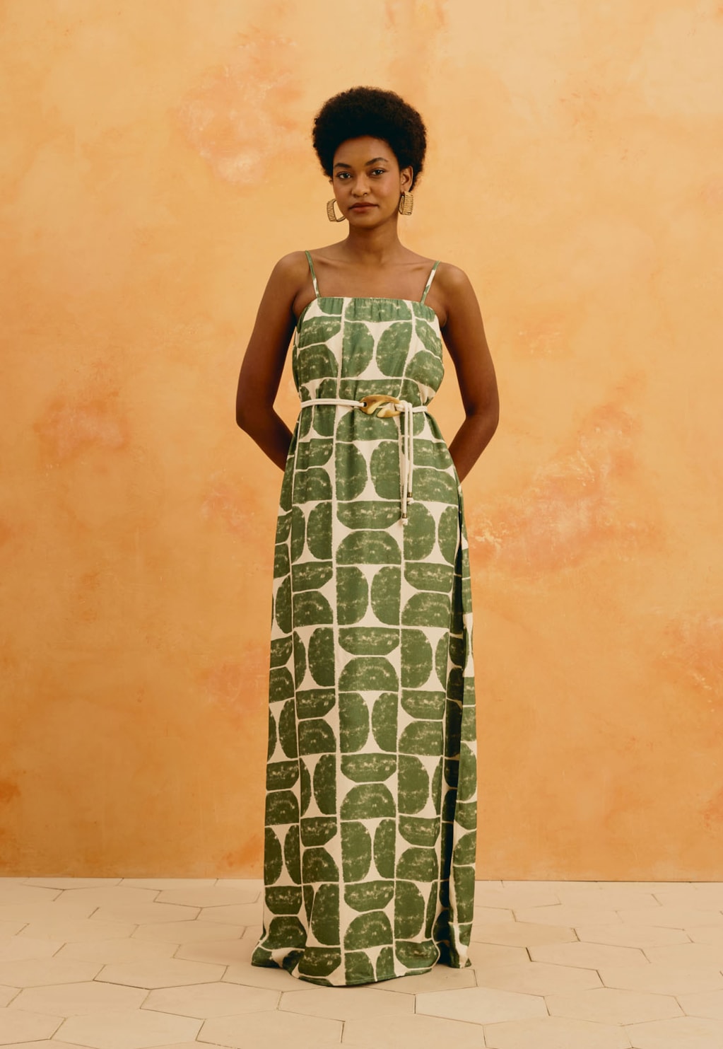 Vestido Longo Cinto Estampado Del Oro