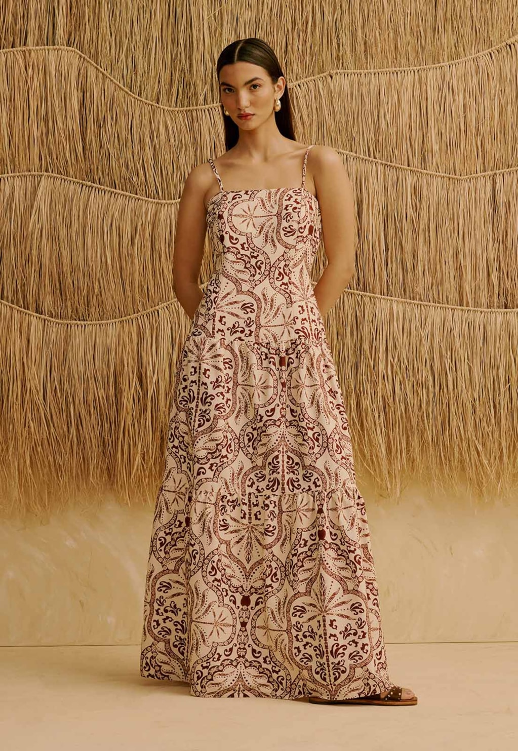 Vestido Longo com Babados Estampado Palmas Del Sol