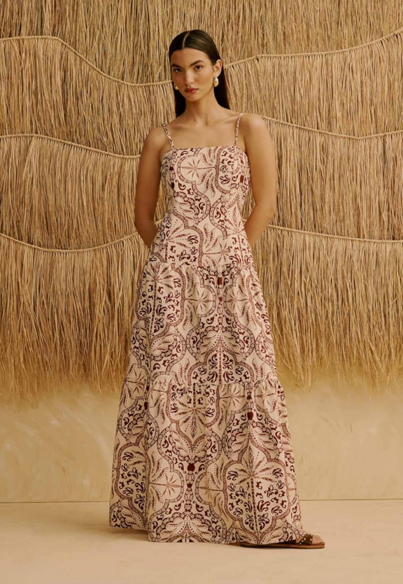 Vestido Longo com Babados Estampado Palmas Del Sol Vista Frontal