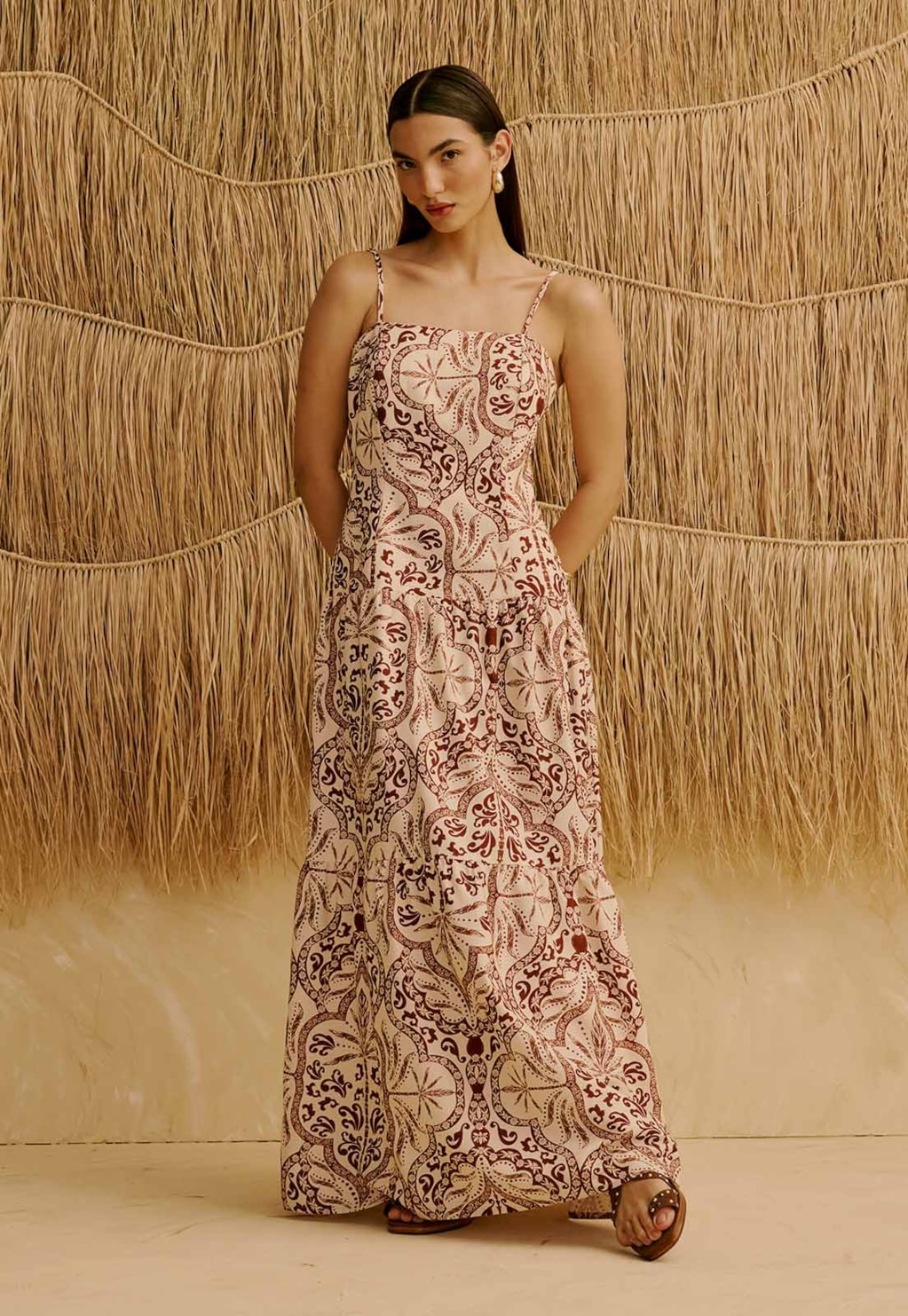 Vestido Longo com Babados Estampado Palmas Del Sol