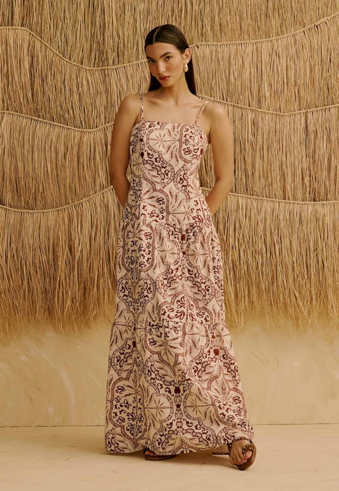 Vestido Longo com Babados Estampado Palmas Del Sol