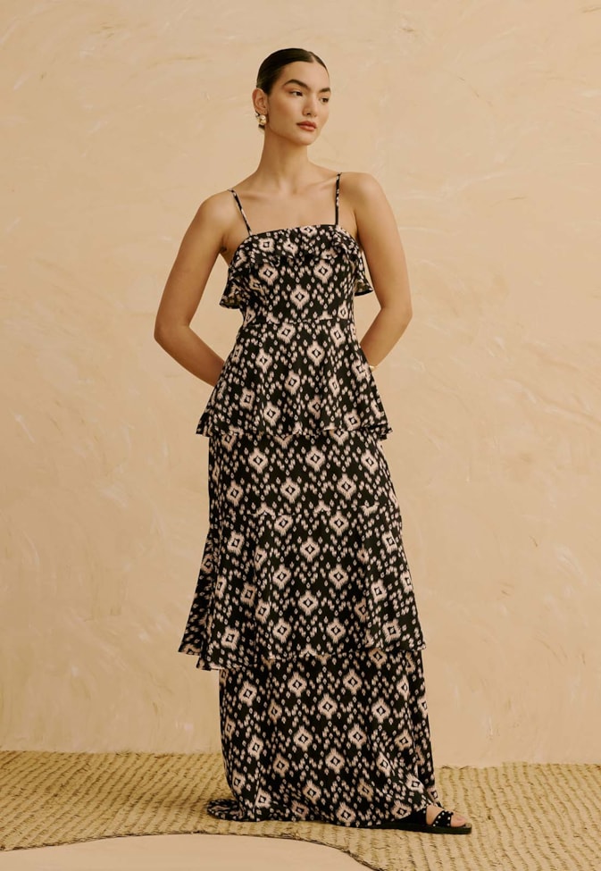 Vestido Longo com Babados Estampado Uros