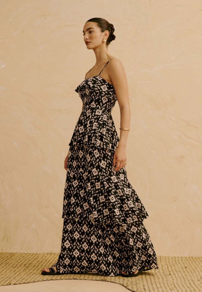 Vestido Longo com Babados Estampado Uros