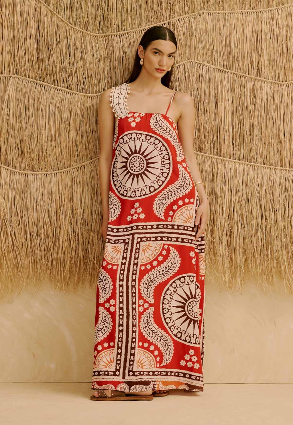 Vestido Longo com Detalhe Cashmere no Ombro Estampado Incaica