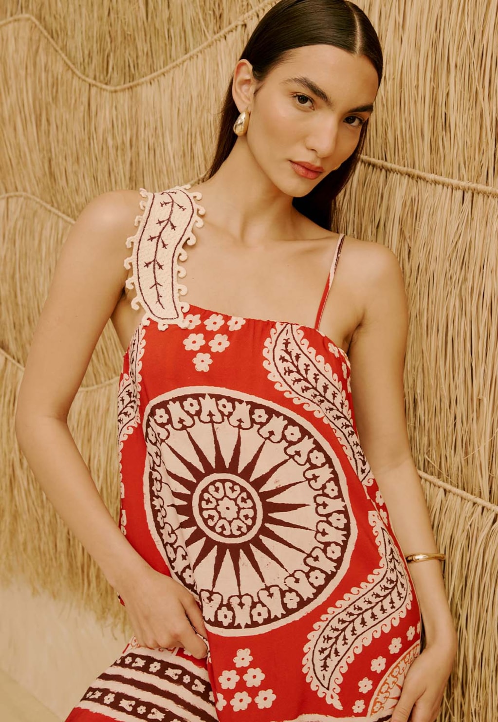 Vestido Longo com Detalhe Cashmere no Ombro Estampado Incaica