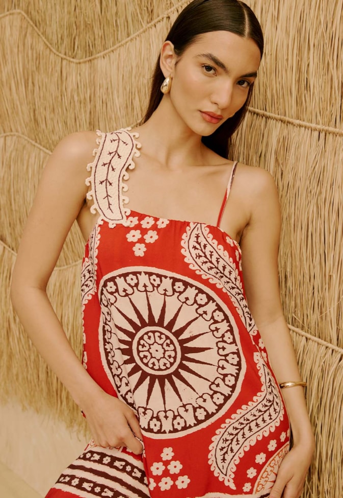 Vestido Longo com Detalhe Cashmere no Ombro Estampado Incaica