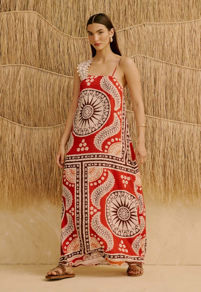 Vestido Longo com Detalhe Cashmere no Ombro Estampado Incaica