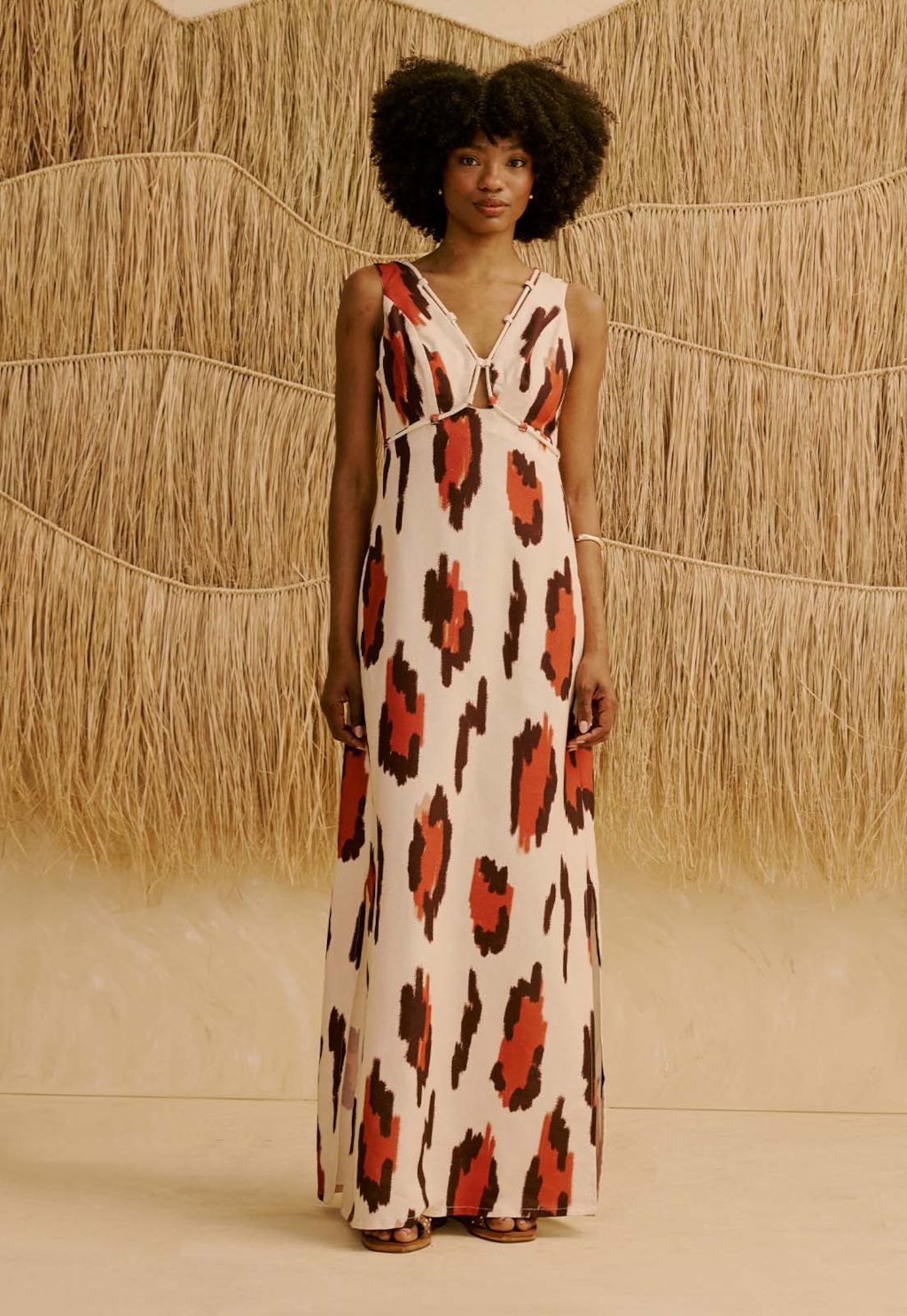 Vestido Longo com Detalhe Corda Estampado Chimu Off