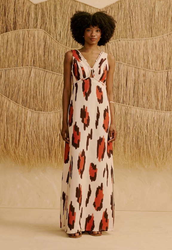 Vestido Longo com Detalhe Corda Estampado Chimu Off Vista Frontal