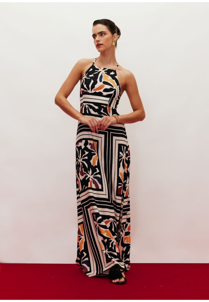Vestido Longo com Fendas Estampado Mambo