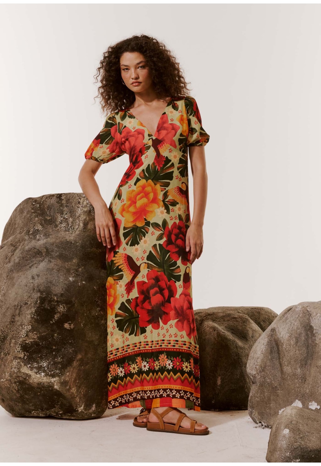 Vestido Longo com Manga Bufante Estampado Aroeira