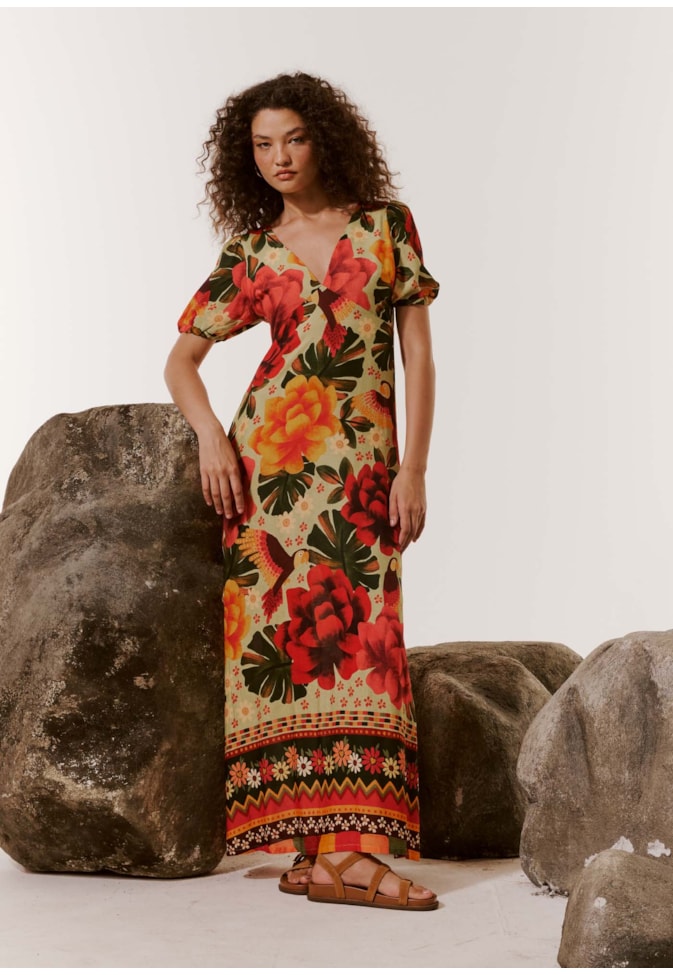 Vestido Longo com Manga Bufante Estampado Aroeira