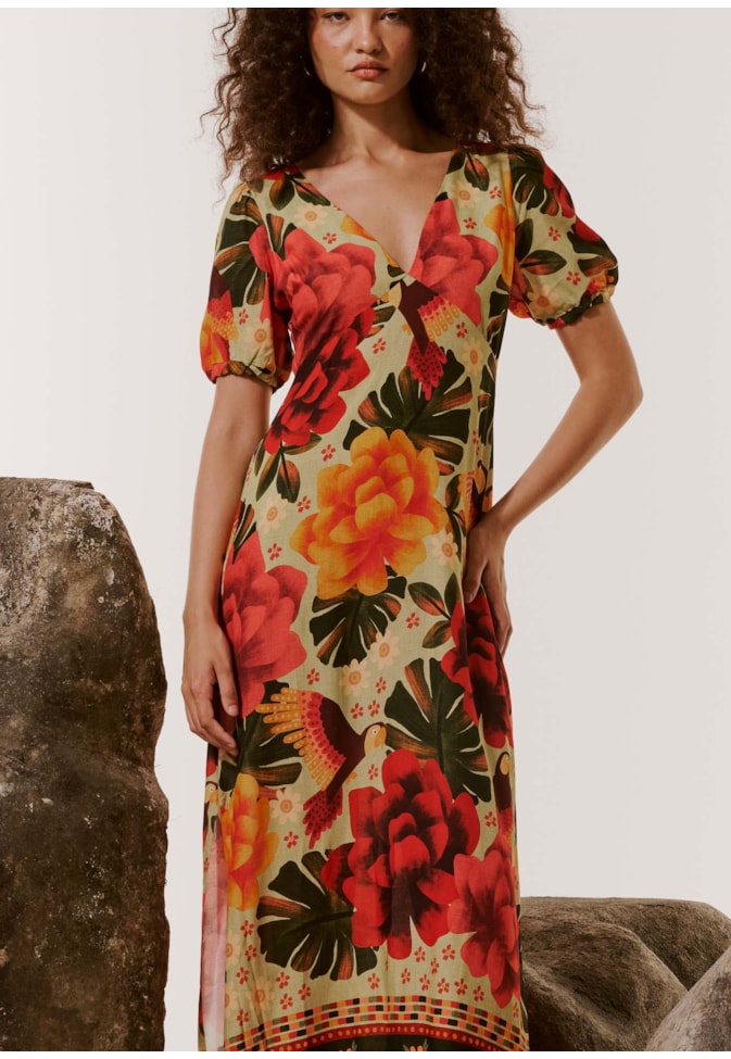 Vestido Longo com Manga Bufante Estampado Aroeira