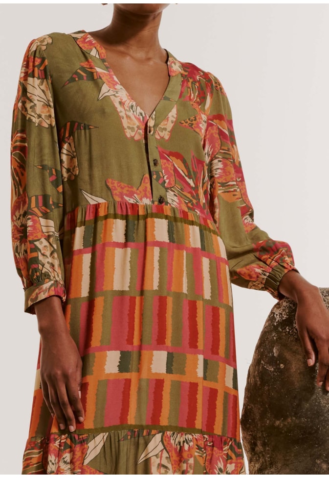 Vestido Longo com Manga Estampado Flor do Cerrado