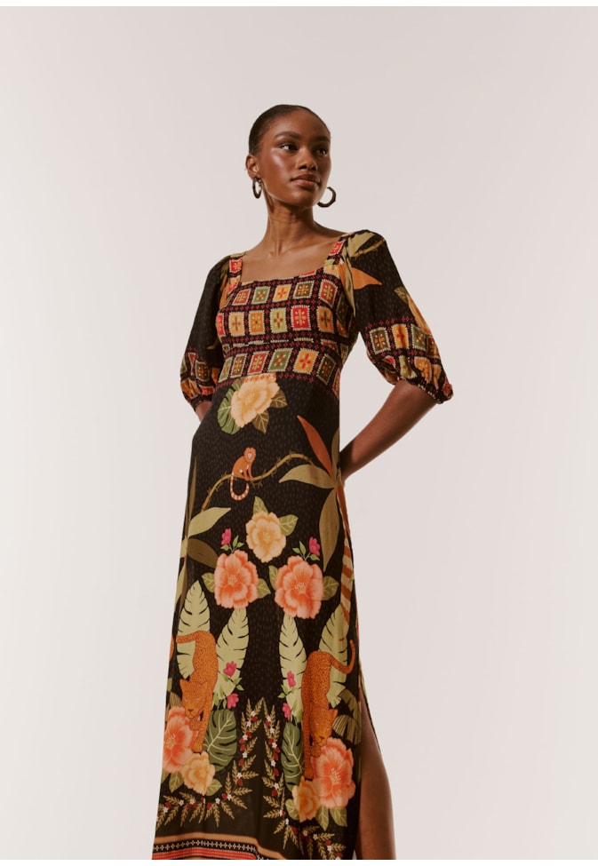 Vestido Longo com Mangas Bufantes Estampado Pequi