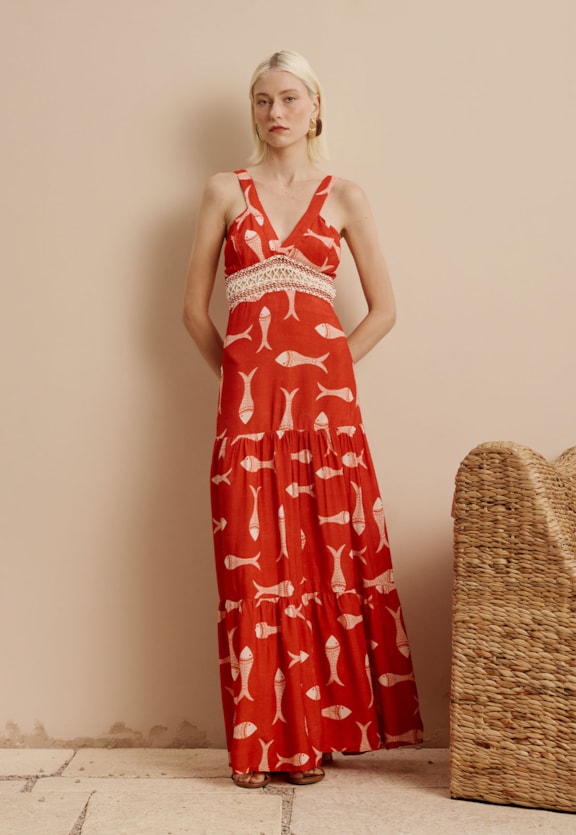 Vestido Longo com Passamanaria Estampado Manzuá Vista Frontal