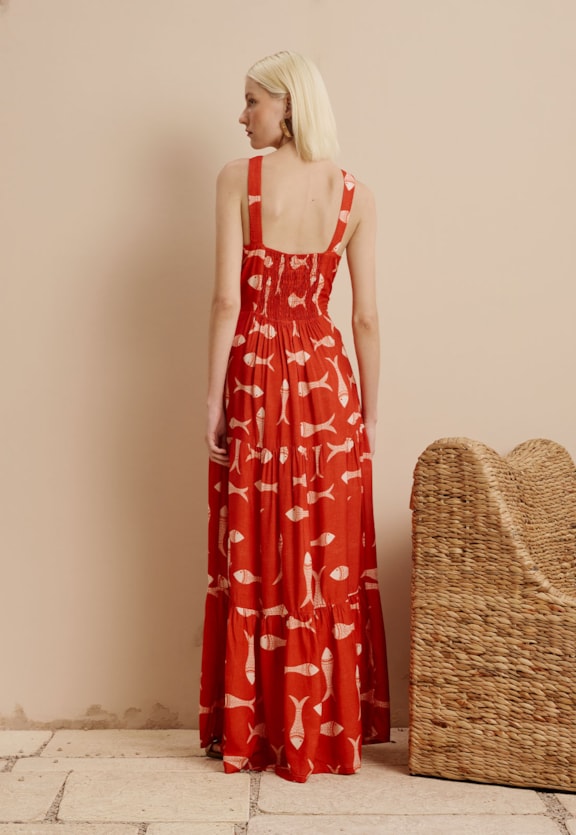 Vestido Longo com Passamanaria Estampado Manzuá Vista Traseira