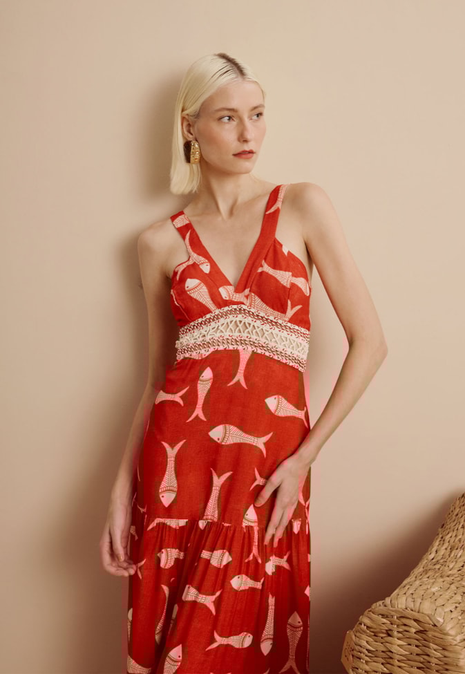 Vestido Longo com Passamanaria Estampado Manzuá