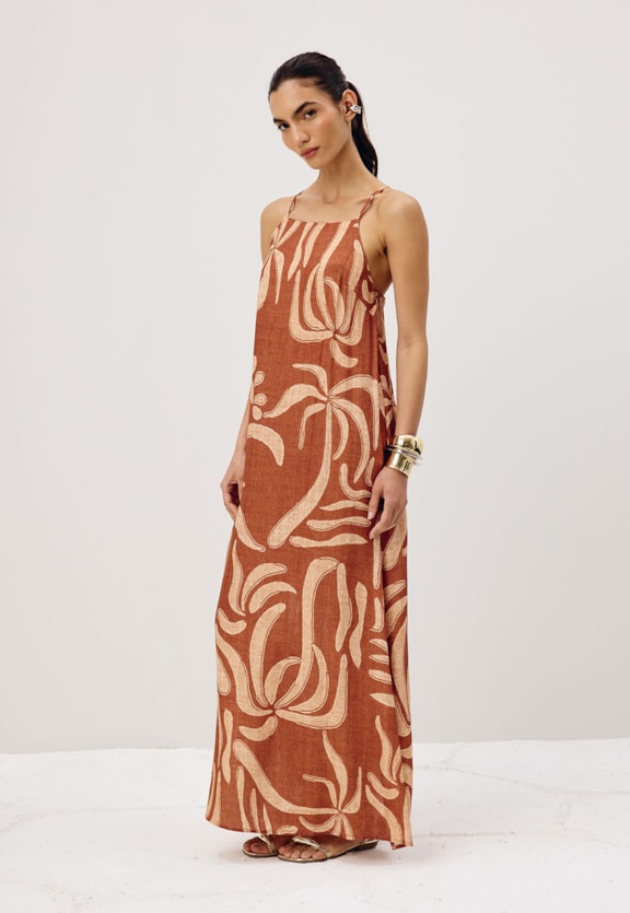 Vestido Longo Coqueiro Costas Estampado Yucca Vista Frontal
