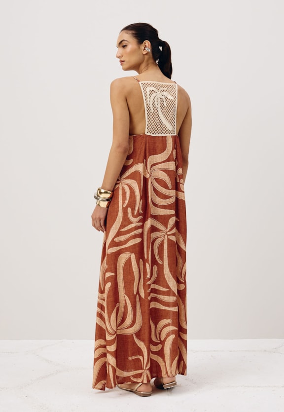 Vestido Longo Coqueiro Costas Estampado Yucca Vista Traseira