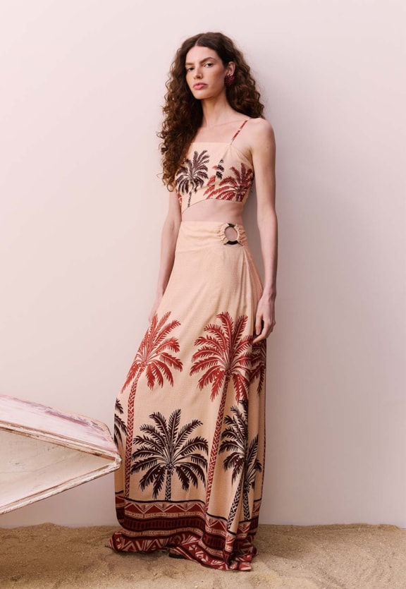 Vestido Longo Cut Out Lateral Estampado Marajoara Vista Frontal