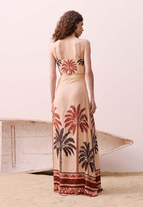 Vestido Longo Cut Out Lateral Estampado Marajoara Vista Traseira