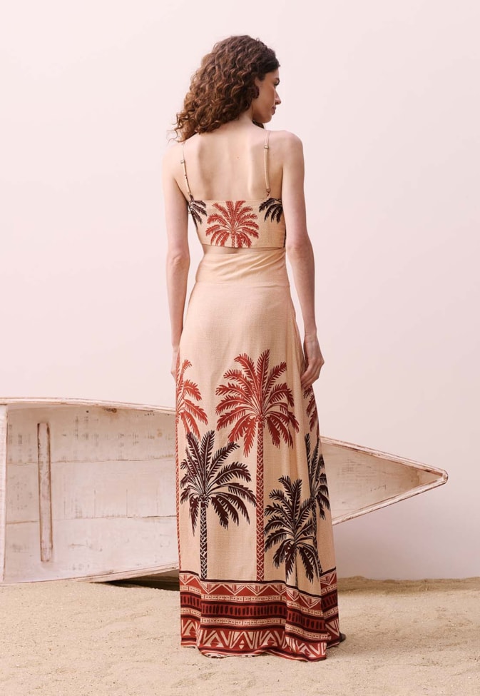Vestido Longo Cut Out Lateral Estampado Marajoara