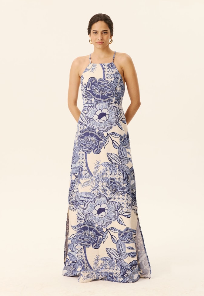 Vestido Longo Decote Alto Aselha Estampado Melodia