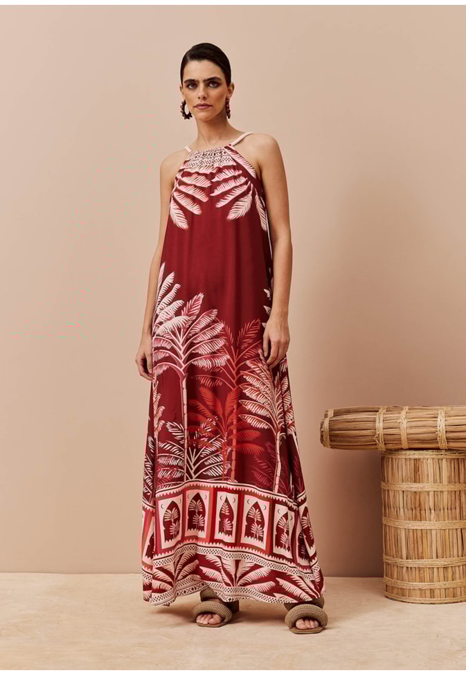 Vestido Longo Decote Alto Corda Estampado Zapata