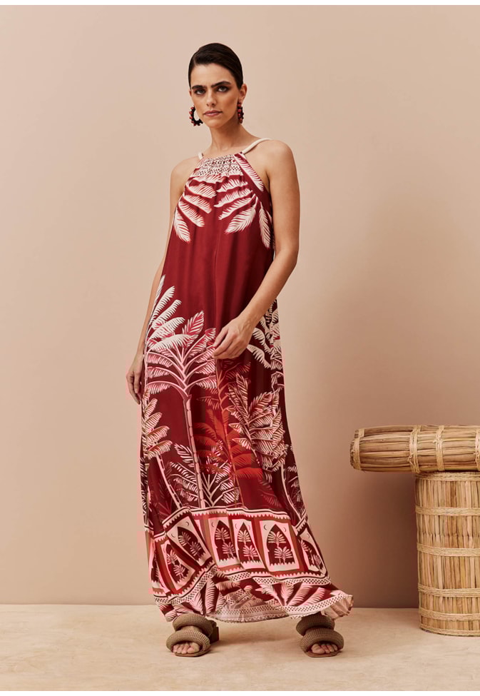 Vestido Longo Decote Alto Corda Estampado Zapata