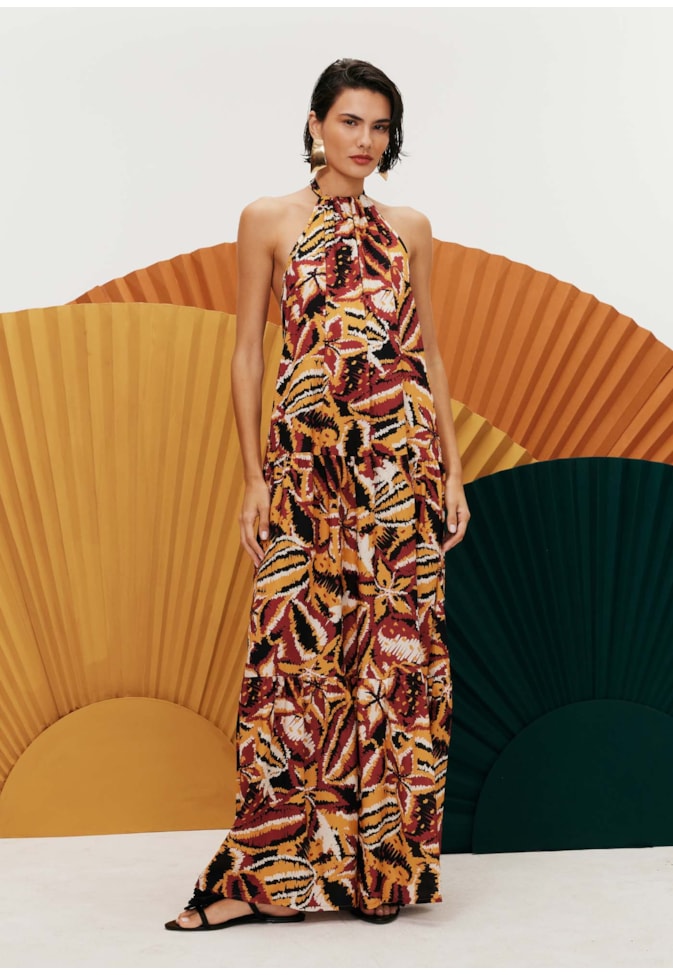 Vestido Longo Decote Alto Estampa Lambada