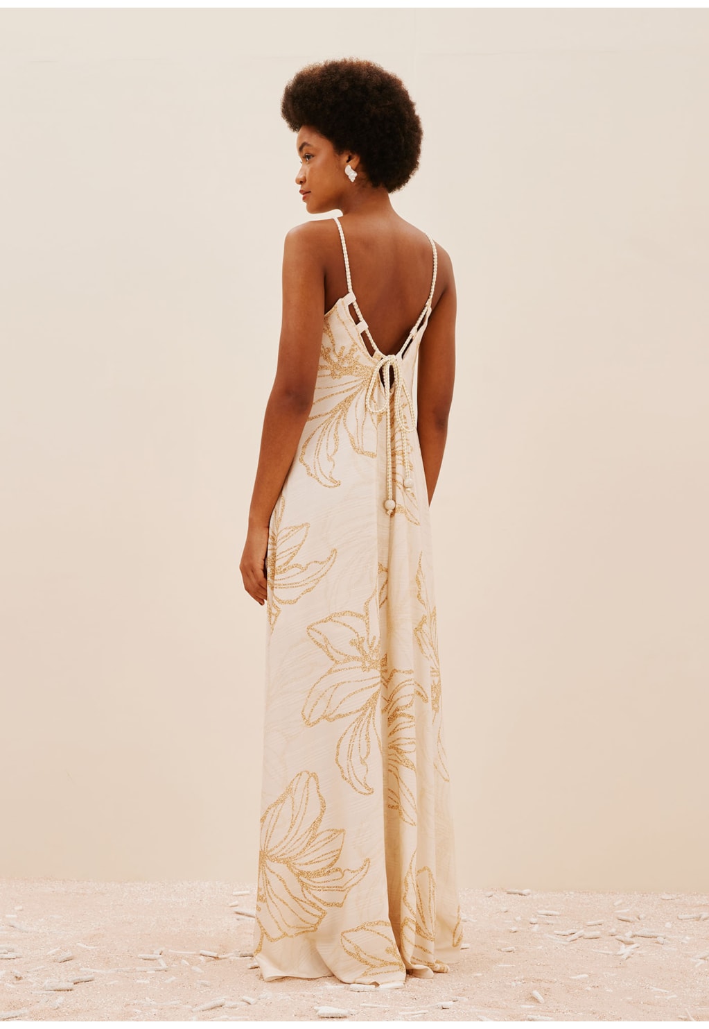 Vestido Longo Decote Alto Estampado Flor do Sol