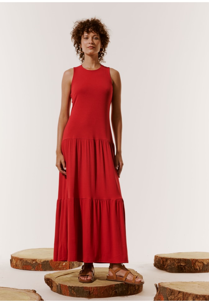 Vestido Longo Decote Alto Liso