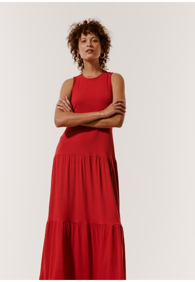 Vestido Longo Decote Alto Liso