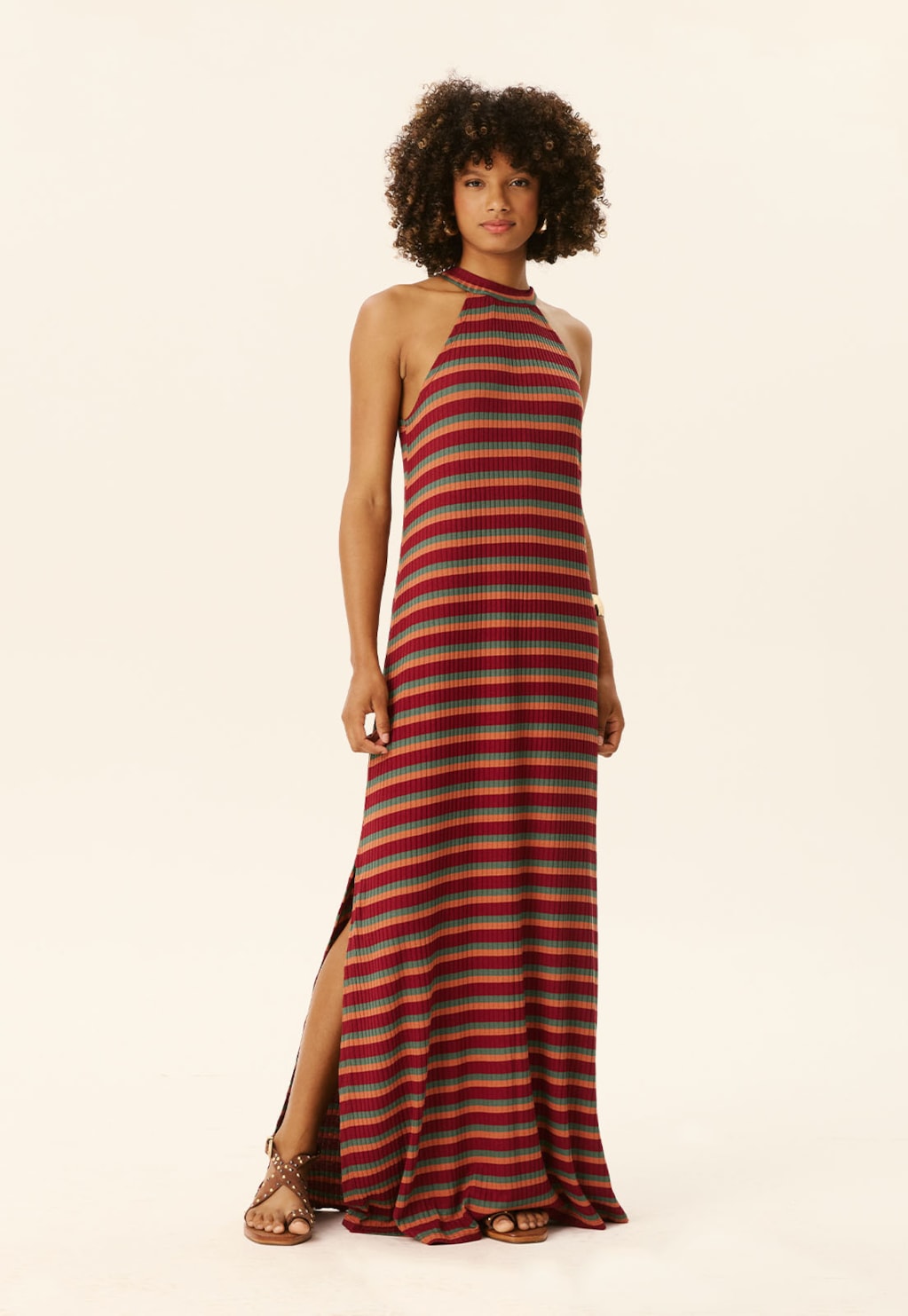 Vestido Longo Decote Alto Listrado