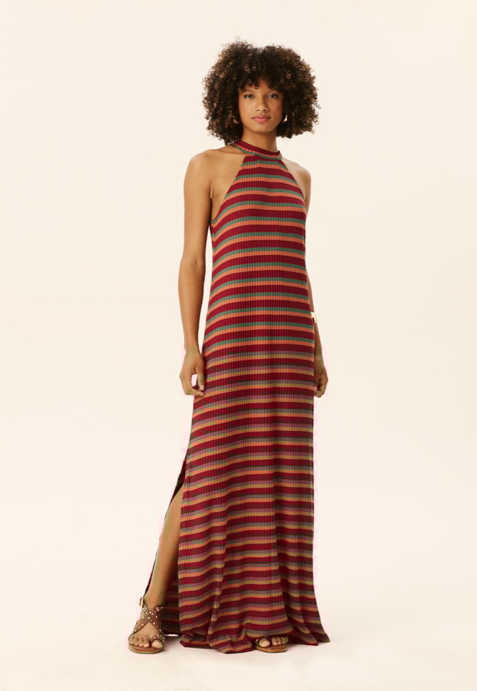 Vestido Longo Decote Alto Listrado