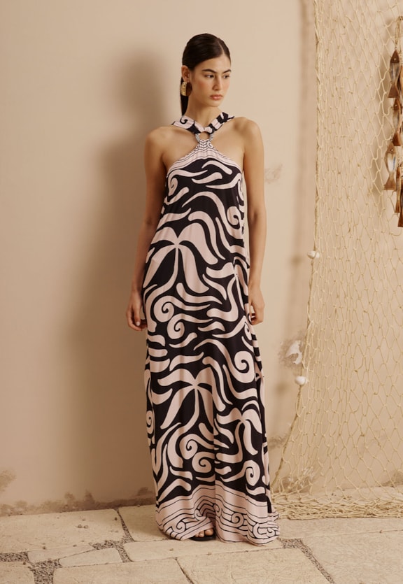Vestido Longo Decote Argola Corda Liso Estampado Pororoca Vista Frontal