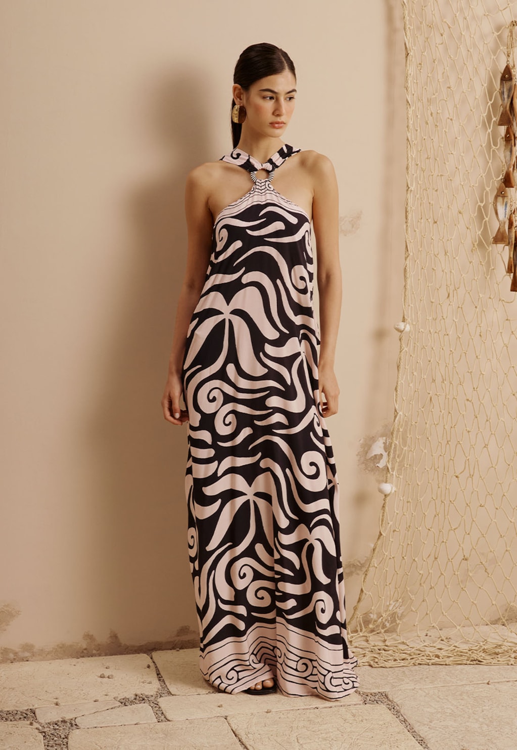 Vestido Longo Decote Argola Corda Liso Estampado Pororoca