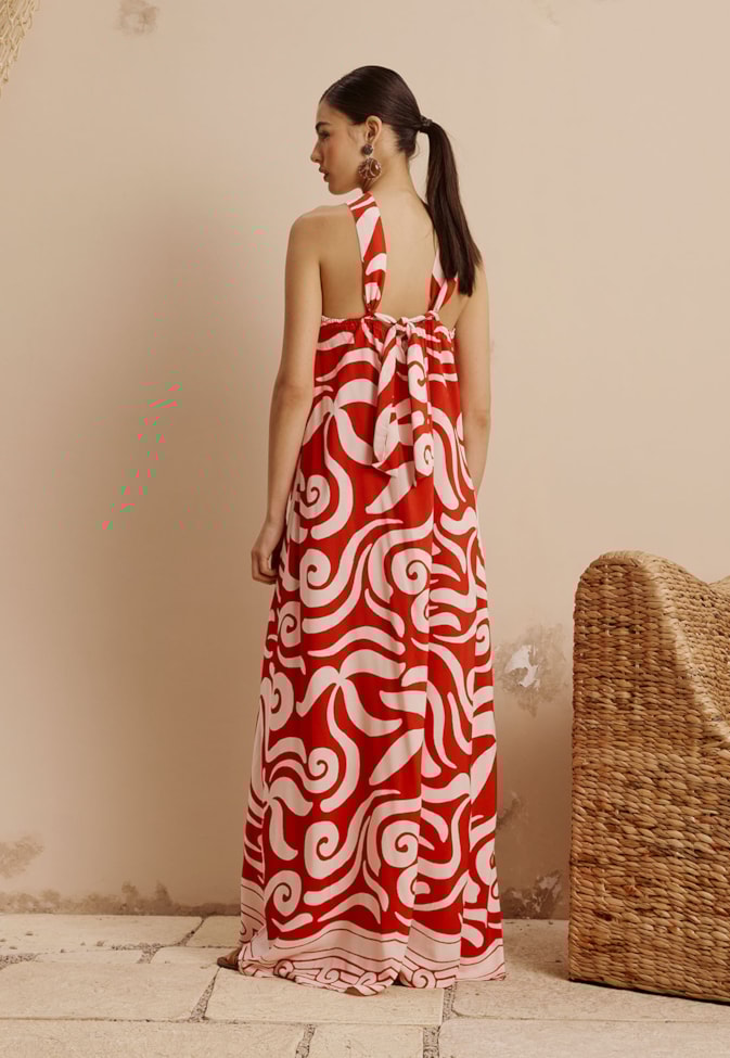 Vestido Longo Decote Argola Corda Liso Estampado Pororoca